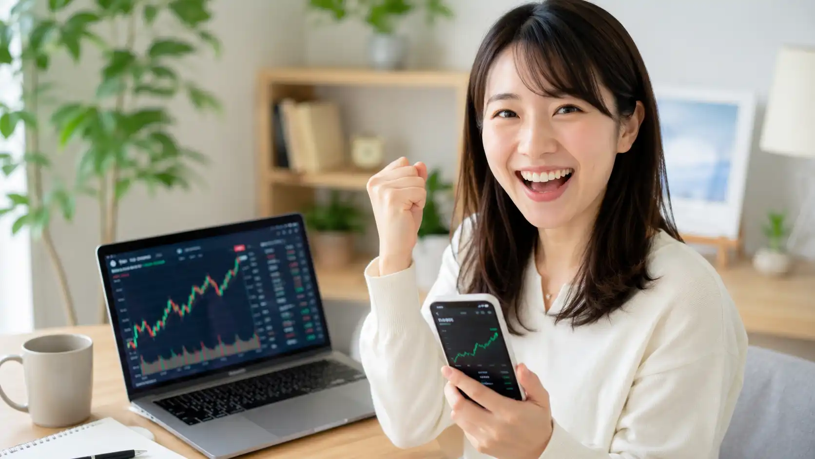投資が楽しいと喜ぶ女性の様子